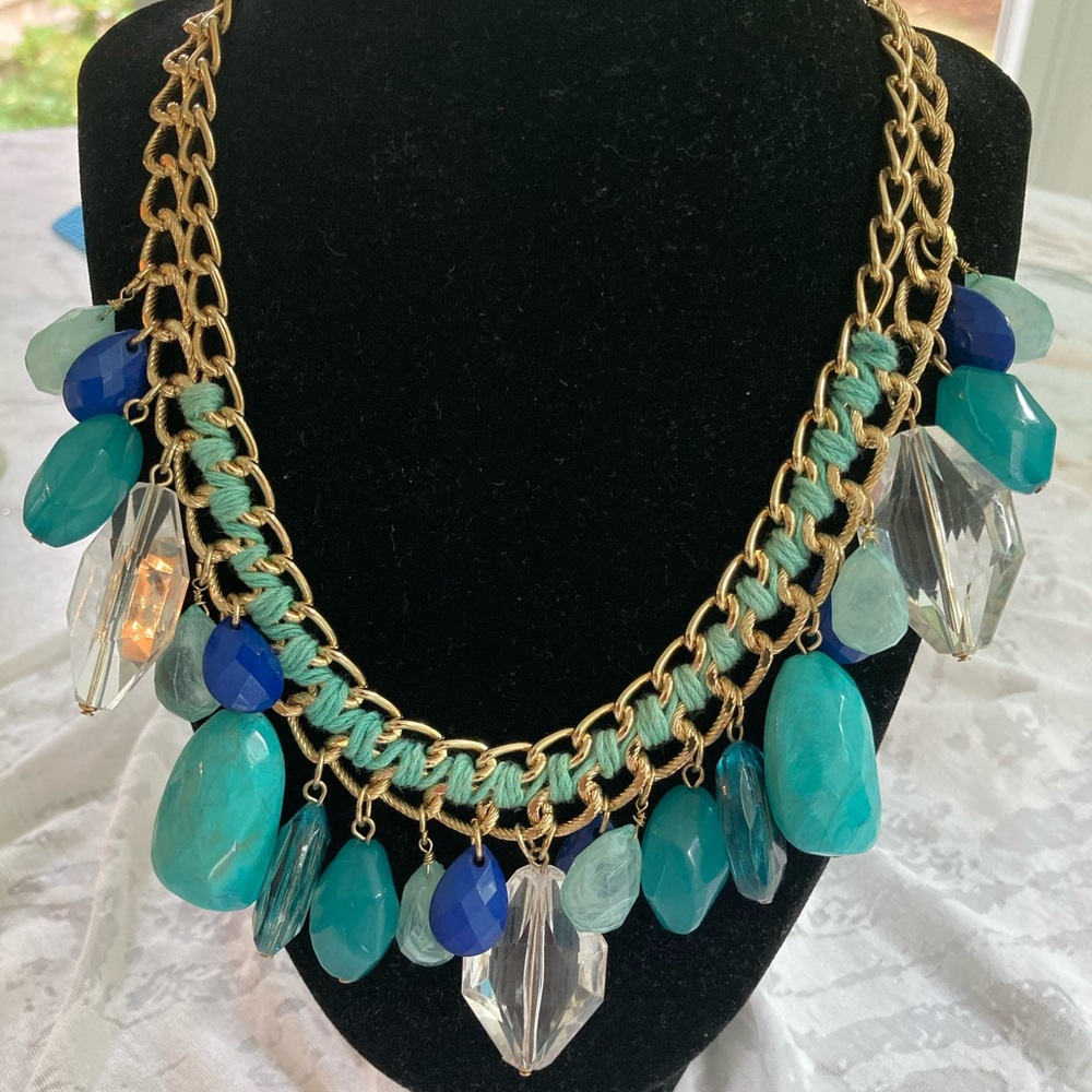 Beaded necklace, double chain, gold tone, 17”